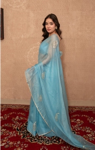 Sari Tradicional KV Aasmani de Seda Kota Azul para Fiestas, Reversible y Sin Arrugas, de Secado Rápido, con Blusa Sin Coser - Product Image 2