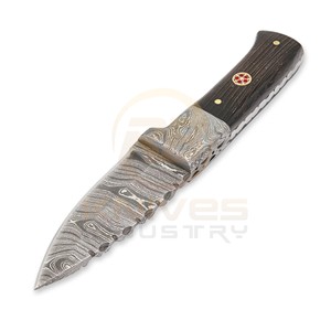 Cuchillo de Caza de Hoja Fija de Acero de Damasco, Punta Caída, Borde Recto, Mango de Madera, Funda de Cuero, Cuchillo para Acampar al Aire Libre - Product Image 4