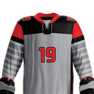Custom Ice Hockey Uniform Set Unisex Gray Red Black Heat-Transfer Printed Solid Jersey Pants <b>Socks</b> Number 19 V-Neck <b>Moisture</b> - Product Image 5