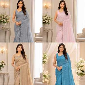 Indian Boutique Elegant Blue Georgette Quick Dry Glitter Print <b>Saree</b> <b>Women</b> Regular Fit Wedding Wear Bridal Pakistan All Seasons - Product Image 4
