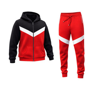 Men’s Red Black Contrast Hoodie Tracksuit Set with <b>Zip</b> <b>Up</b> <b>Jacket</b> and Slim Fit Jogger Pants Casual Sportswear Outfit - Product Image 1