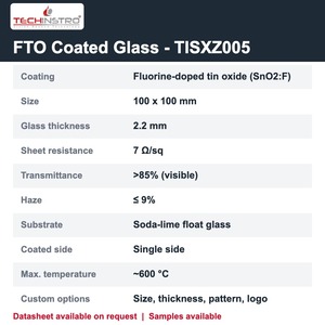 แผ่นกระจกนำไฟฟ้า FTO ขนาด 100x100 มม. หนา 2.2 มม. ความต้านทานต่ำ 7 โอห์ม/ตารางมิลลิเมตร ผลิตจากแก้วทินออกไซด์ผสมฟลูออรีน สำหรับเซลล์แสงอาทิตย์ - Product Image 2