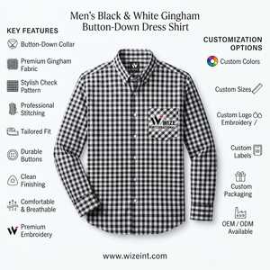 Chemise habillée à manches longues pour homme WIZE INTERNATIONAL, à carreaux noirs et blancs, col boutonné, style décontracté chic, pour l'automne - Product Image 6