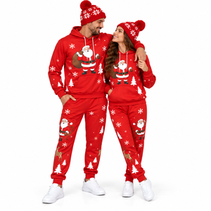 Conjunto de Chándal Navideño a Juego para Parejas al por Mayor: Sudadera con Capucha Gráfica y Pantalones Jogger, Color Sólido, Conjunto de Dos Piezas Personalizado para Parejas en las Fiestas - Product Image 2