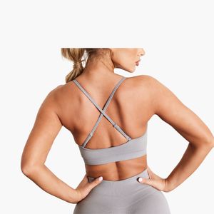 Soutien-gorge de sport côtelé sans couture pour femme, col rond, bretelles spaghetti, maintien moyen, pour yoga et activités sportives, gris - Product Image 2