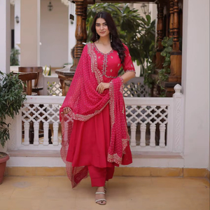 Ready Made Women's 3-Piece Silk Salwar Kameez Set Anarkali Kurta <b>Pant</b> Long Dress Traditional Diwali Vibrant Floral Prints - Product Image 1
