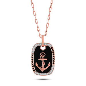 Collier chaîne avec pendentif ancre en or rose et émail noir, orné de diamants pour chien - Product Image 3