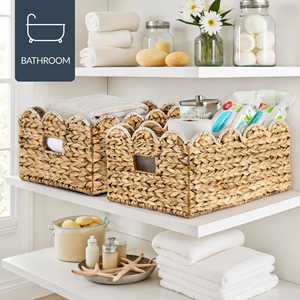 Modern Water Hyacinth Storage <b>Basket</b> Set With Scallop <b>Wicker</b> Organizer Bin For Kitchen Pantry Shelf Closet Home Storage Solution - Product Image 2