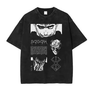 T-shirt graphique Berserk pour homme, coupe ample, noir, manches courtes, style streetwear, motif crânes imprimés, col rond, jersey de coton - Product Image 1