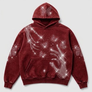เสื้อฮู้ดดี้คุณภาพสูงเนื้อหนา ล้างสีแบบแอซิดวอช พิมพ์ลายมือโครงกระดูกผีเสื้อประดับคริสตัลสุดหรู แฟชั่นสตรีทแวร์สำหรับทุกเพศ - Product Image 1