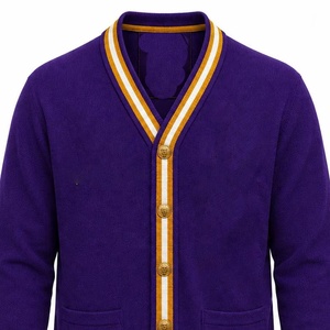 University <b>Mens</b> custom wholesale Knitted <b>Cardigan</b> Sweater Purple Gold White Varsity V-Neck OEM Striped Trim college style - Product Image 2