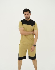 Summer Formal Khaki Black 100% Cotton Breathable Solid <b>Knitted</b> Panel Short <b>Set</b> - Product Image 3