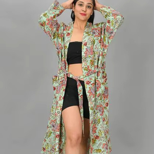 ชุดคลุมอาบน้ำผ้าฝ้ายพิมพ์ลายดอกไม้สไตล์อินเดีย ขายส่ง เสื้อคลุมชายหาดเนื้อนุ่ม สไตล์กิโมโน ชุดนอนทำมือ ชุดเดรสยาวแบบแม็กซี่ ชุดคลุมอาบน้ำผู้หญิงสำหรับฤดูร้อน - Product Image 3