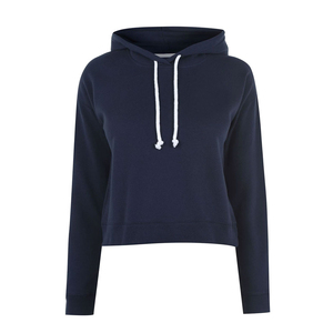 Women <b>Navy</b> Cropped Hooded Sweatshirt Long Sleeve Knitted Cotton Solid Color Autumn Casual Wear - Product Image 3