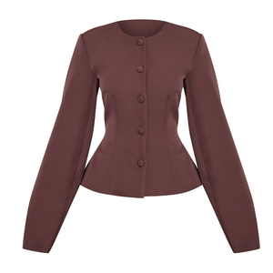 Nouvelle veste courte élégante marron unie à col en V et boutonnage simple, avec manches ballon, pour femme, idéale pour le bureau ou les occasions spéciales. - Product Image 4