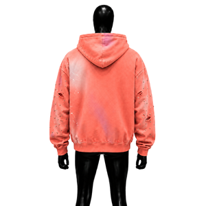 เสื้อฮู้ดดี้ผู้ชายแบบซิป สีคอรัล ทรงโอเวอร์ไซส์ สไตล์สตรีทแวร์ หนานุ่ม ตกแต่งด้วยคริสตัล ดีไซน์ขาดๆ แบบฮิปฮอป สไตล์ฝรั่งเศส ขายส่ง - Product Image 2