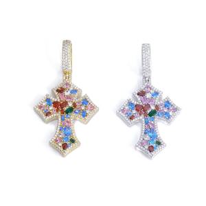 Collier pendentif croix en moissanite plaqué rhodium, serti de pierres multicolores, style hip-hop, chaîne de luxe pour homme - Product Image 6