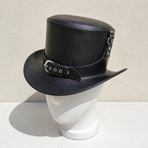 Premium quality custom made Handmade Black Leather <b>Steampunk</b> Top <b>Hat</b> Gothic Buckle Band Festival Cosplay <b>Hat</b> - Product Image 2