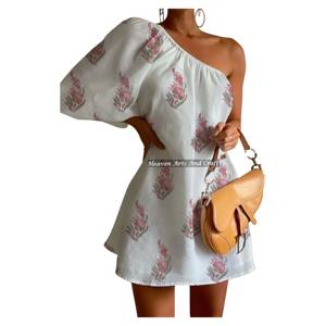 Vestido de Verano de Algodón con Hombro Descubierto y Manga Abullonada para Mujer, Atuendo Chic y Sexy, Vestido Corto para Fiesta y Club, Estampado a Mano, ¡Venta Caliente! - Product Image 1