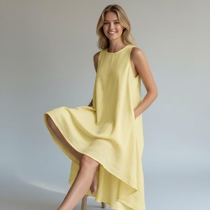 Vestido Maxi de Lino Oversize para Mujer, Sin Mangas, Estilo Kaftan Asimétrico, Bohemio, para Resort, Dulce y Natural - Product Image 5