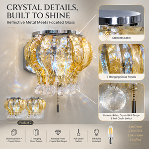 Applique murale moderne en acier inoxydable et verre cristal avec interrupteur à chaîne, éclairage trois voies E14, lot de deux pour hôtel - Product Image 4