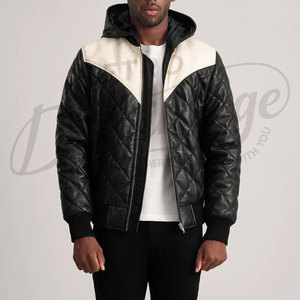 Veste matelassée en cuir contrasté pour homme, design matelassé en losanges, capuche en simili cuir, manteau d'hiver chaud et rembourré - Product Image 1