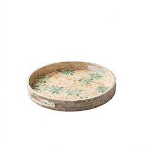 Handmade Round Rattan Serving Tray With Mother Of Pearl Inlay Decorative <b>Basket</b> For <b>Coffee</b> <b>Table</b> Breakfast And Home Decor - Product Image 4