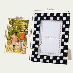 Folkulture Beaded Picture <b>Frame</b> for Wall or Tabletop | B&W Checkered Modern <b>Black</b> & White Photo <b>Frame</b> with Plexiglass - Product Image 4