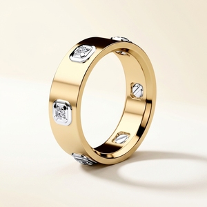 Two Tone Flat Profile Yellow Gold Wide <b>Mens</b> Bezel <b>Set</b> Lab Diamond Emerald Cut Rhodium Plated Solid Wedding Band by RAAMAA - Product Image 2