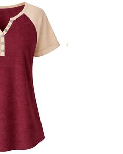 T-shirt pour femme beige bordeaux à manches courtes, col Henley, manches raglan, coton doux, décontracté, respirant, confortable, à porter au quotidien - Product Image 5