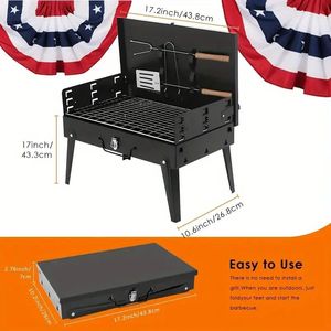 Griglia a Carbone Portatile Pieghevole con Design Antivento a Forma di Cassetta degli Attrezzi, 3 Modalità di Altezza per Campeggio e Picnic - Product Image 6