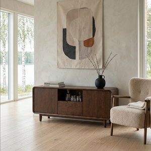 Meuble TV en chêne avec portes, tiroir et étagères ouvertes - Design moderne du milieu du siècle pour salon, compatible avec les téléviseurs de 65 pouces et plus - Product Image 6