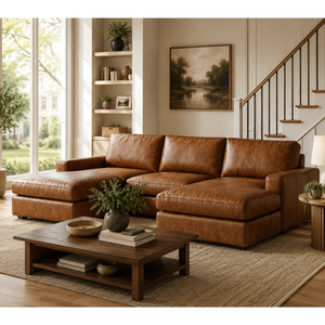 Juego de Sofás en Forma de U de Cuero Cognac de Alta Gama, Muebles de Sala de Estar Modernos de Mediados de Siglo con Dos Chaise Longues - Product Image 1