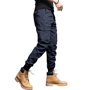Mens Canvas Cotton Cargo <b>Jogger</b> Pants XL Elastic Waist Casual Outdoor Work Trousers Multi Pocket <b>Slim</b> Fit Navy Blue Streetwear - Product Image 4