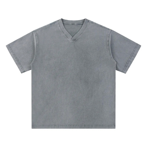 Camiseta de algodón puro de manga corta para hombre, estilo retro, cuello en V, tejida, oversize, lavado ácido, de peso pesado, vintage, con personalidad. - Product Image 3