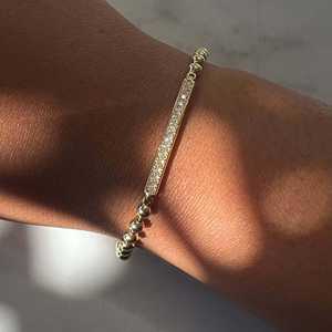 Diamond Bar <b>Bracelets</b> Pave Set Round Lab Grown 7Inch Ball Beaded Chain 14K 18K <b>Solid</b> Gold Minimalist Luxury Wedding Fine Jewelry - Product Image 2