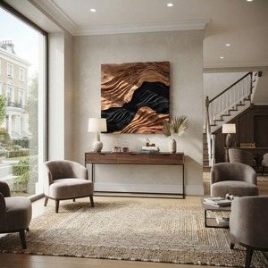 Arte mural contemporáneo con diseño de ondas, tallado a mano, estilo rústico, arte mural 3D de madera para sala de estar - Product Image 1