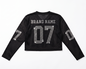 Women's <b>Black</b> <b>Mesh</b> <b>Long</b> <b>Sleeve</b> Customized Hotfix Rhinestone American Football Jersey Boxy V Neck Sparkly Chic Crop <b>Top</b> Wholesale - Product Image 5
