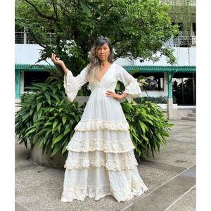 Vestido de Novia Moderno de Algodón, Estilo Princesa, Manga Larga, para Embarazadas, con Volantes, Largo hasta el Suelo, Ecológico, Casual, con Cuello en V y Espalda Descubierta - Product Image 2