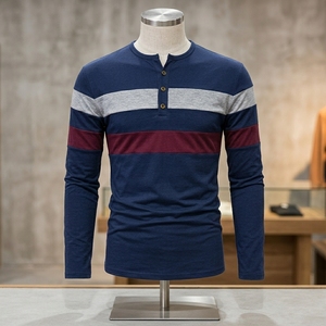 Custom Mens Long Sleeve Henley Shirts Fashion Striped Color Block T Shirt Slim Fit Comfortable Cotton Knitted Apparel Tops - Product Image 5