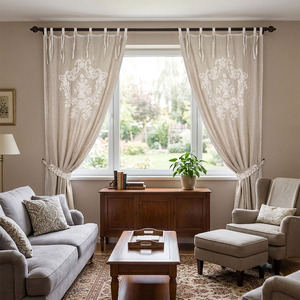 Custom Wholesale Embroidery Modern Classical Floral Hotel <b>Window</b> <b>Curtain</b> Blackout High Shading Natural Linen Ribbon Full Size - Product Image 1