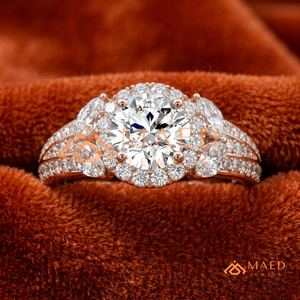 Round Cut Moissanite Halo Engagement <b>Ring</b> Rose Gold Plated Three Stone <b>Split</b> Shank Pave Band Wedding <b>Ring</b> Jewelry Gift - Product Image 1