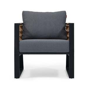 Modern Metal Living Room <b>Chair</b> with Wood Slat Sides and Gray Cushion for Indoor Use - Product Image 2