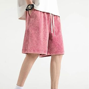 <b>Men's</b> <b>Pink</b> Cotton <b>Shorts</b> Solid Color Casual Style With Pockets Drawstring Waist Mid Rise Breathable Knitted Fabric - Product Image 3