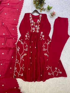 Ensemble Kurti et pantalon pour femme en Chanderi brodé marron, longueur cheville, avec dupatta, tenue traditionnelle indienne et pakistanaise - Product Image 4