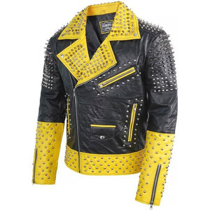 Men's Black Yellow Two Tone Real Leather <b>Punk</b> <b>Jacket</b> Silver Spiked Studded Gothic Biker Heavy Metal Outerwear - Product Image 4