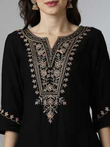 Black Viscose Rayon Kurti With Embroidered Neckline And Side Slit Midi Length Women Traditional Casual Wear India Pakistan Style - Product Image 2