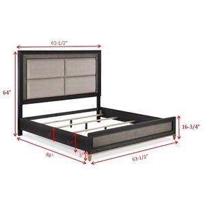 Letto matrimoniale Queen Size con pannello imbottito in legno massello, finitura nero-marrone e gambe dorate, mobili per camera da letto - Product Image 5