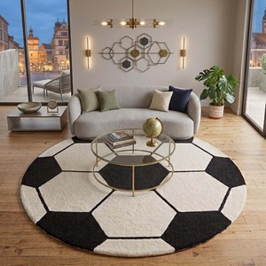 Kids Soccer Ball <b>Round</b> Area <b>Rug</b> Black <b>White</b> Football Pattern Hand Tufted Wool Carpet Playroom Bedroom Nursery Decor Soft - Product Image 1
