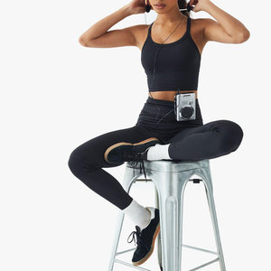 wholesale Yoga Set Solid <b>Black</b> Racerback Crop Top High Waist Full Length Leggings Seamless Four Way Stretch Activewear - Product Image 6